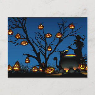 Halloween Pumpkins with witch Postcard