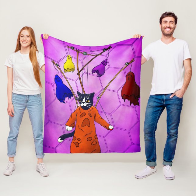 Halloween Puppet Master Cat Fleece Blanket (In Situ)