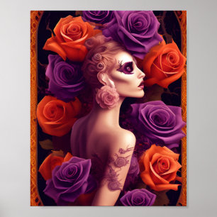 Halloween Purple and Orange Roses Beauty Poster