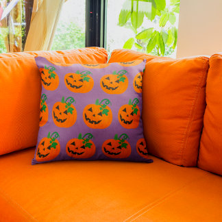 Halloween Purple Background Orange Jack O Lanterns Cushion