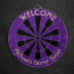 Halloween Purple Black Custom Metal Cage Game Room Dartboard<br><div class="desc">Create your own custom, personalised, fun, cool, stylish, halloween purple and black colour, regulation size (18"diameter, 1"h) aluminium frame metal cage dart board. Comes with 6 brass darts (3 American flag dart flights and 3 UK dart flights). You may mount it anywhere – above your wastebasket at work or on...</div>