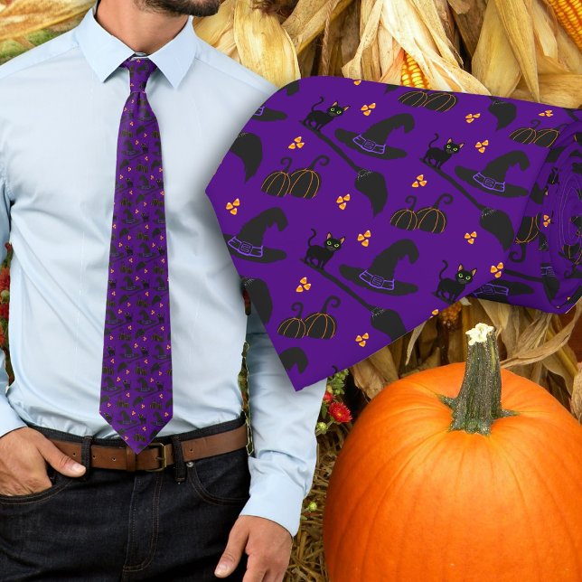 Halloween Purple Cats Witch Hat pattern Tie (Creator Uploaded)