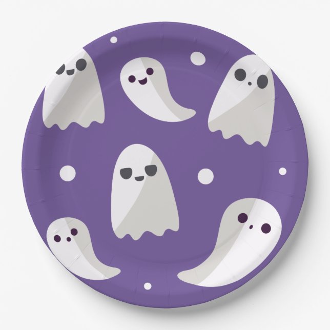 Halloween Purple Cute Ghost Pattern Paper Plate (Front)