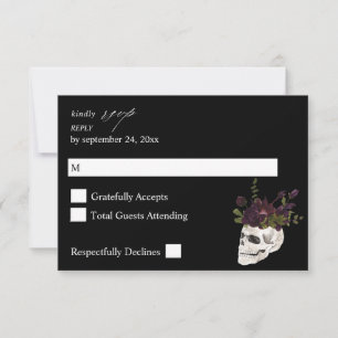 Halloween Purple Floral & Skull no Meal RSVP Black Card