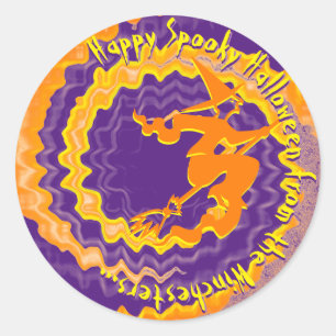 Halloween purple flying witch magic spell text classic round sticker