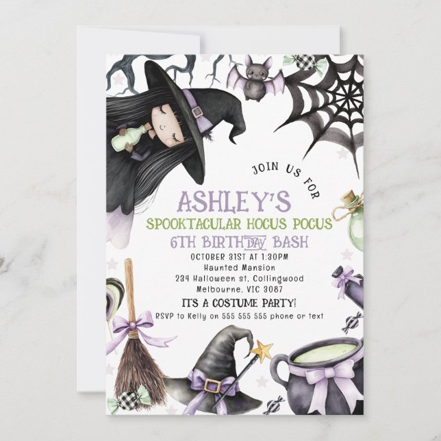 Halloween Purple Girls Little Witch Birthday  Invitation (Front)