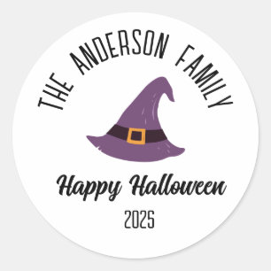Halloween Purple Witch Hat Personalised Name Classic Round Sticker
