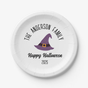 Halloween Purple Witch Hat Personalised Name Paper Plate