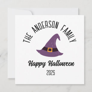 Halloween Purple Witch Hat Personalized Name Holiday Card