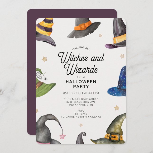 Halloween Purple Wizards & Witches  Party Invitation (Front/Back)