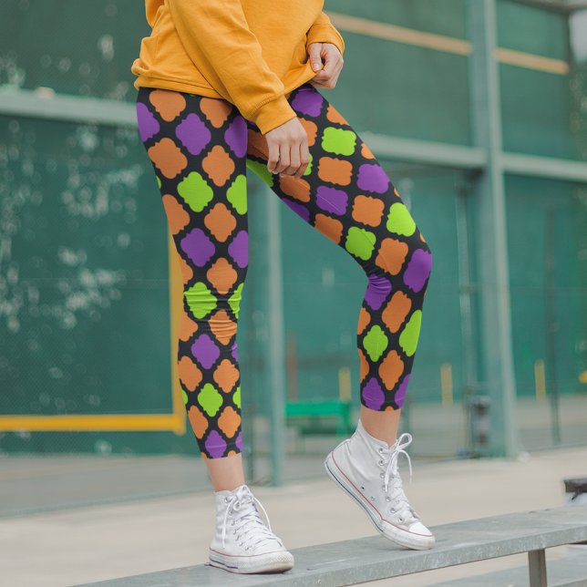 Halloween Quatrefoil Pattern Orange Purple Green Leggings (Creator Uploaded)