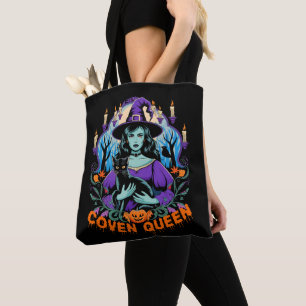 Halloween QUEEN Witch Art with Black Cat Design Tote Bag