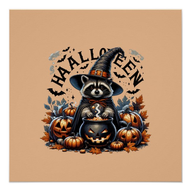  Halloween Raccoon Witch with Pumpkin Cauldron Poster (Front)