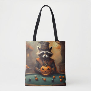 Halloween Racoon plays pool with apples eyeballs Tote Bag
