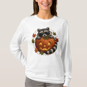 Halloween Racoon Sunglasses Pumpkin Embroidery T-Shirt