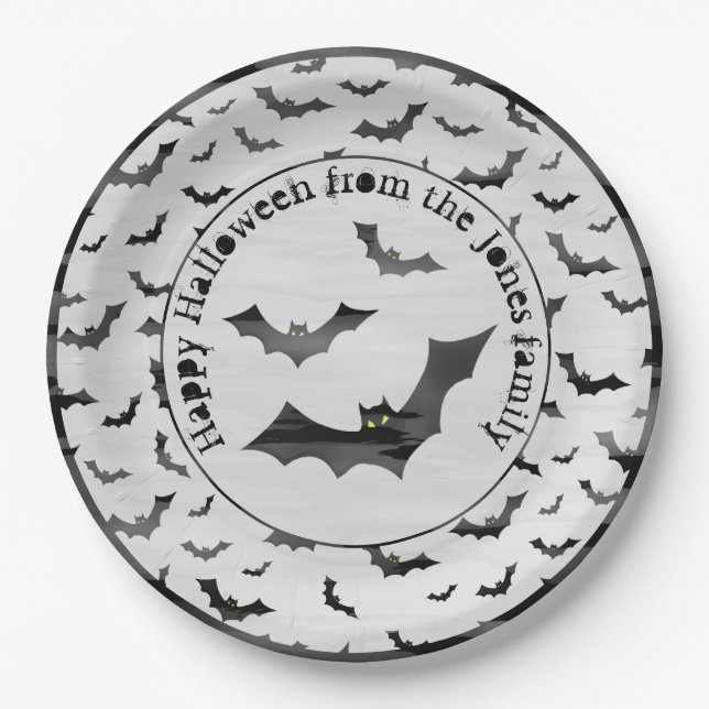 Halloween Random Iconic Bats Pattern Black/White Paper Plate (Front)