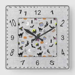 Halloween Random Iconic Pattern Grey Textured Square Wall Clock