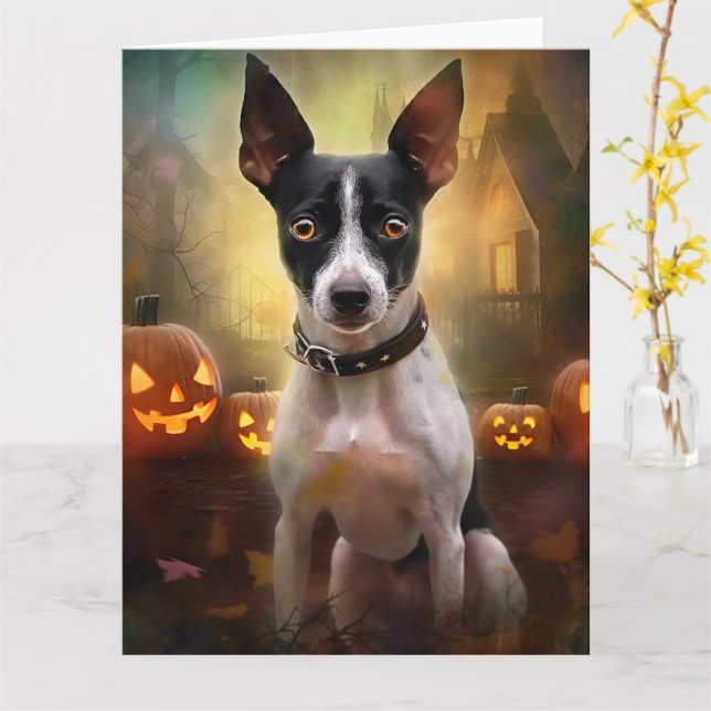 Halloween Rat Terrier With Pumpkins Scary Card (Yellow Flower)