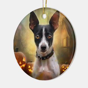 Halloween Rat Terrier With Pumpkins Scary Ceramic Tree Decoration