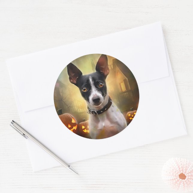 Halloween Rat Terrier With Pumpkins Scary Classic Round Sticker (Envelope)