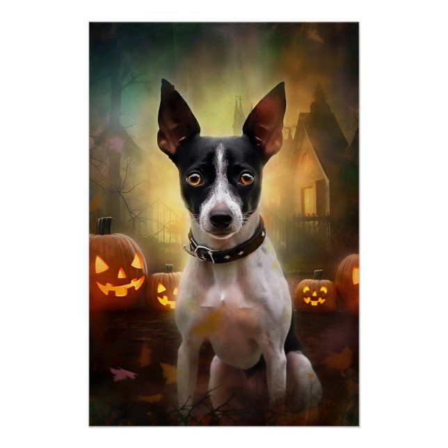Halloween Rat Terrier With Pumpkins Scary Poster (Front)