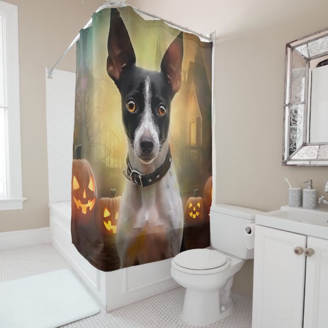 Halloween Rat Terrier With Pumpkins Scary Shower Curtain (In Situ)