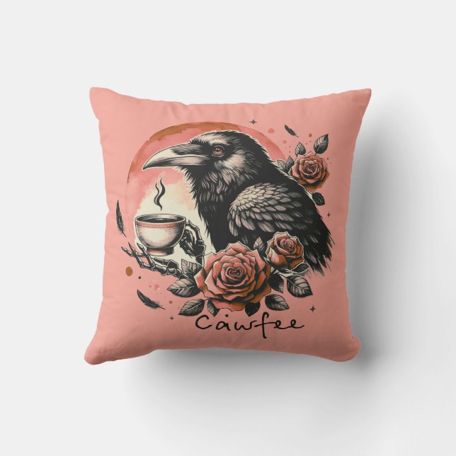 Halloween Raven Crow Coffee Roses Pink Orange Cushion (Back)