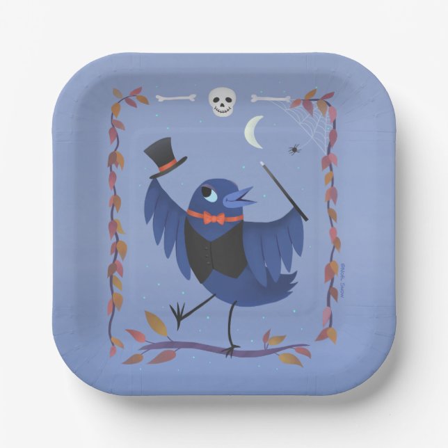 Halloween Raven Crow Moon Blue Paper Plate (Front)