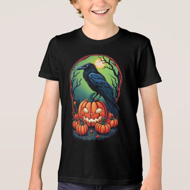 Halloween Raven in a Pumpkin Patch Tri-Blend Shirt (Front)