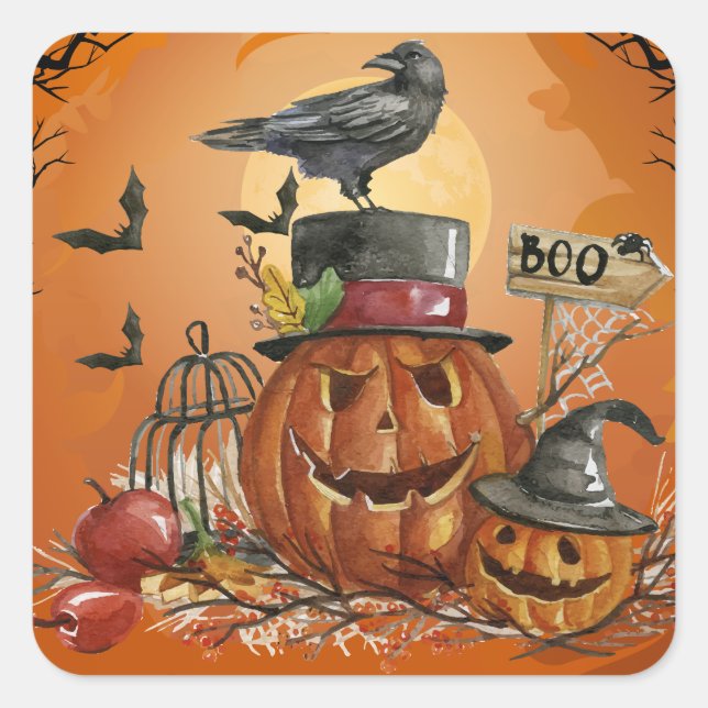 Halloween Raven Pumpkin Party Square Sticker (Front)