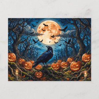 Halloween Raven, Pumpkins and Full Moon Postcard