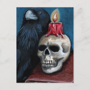 Halloween Raven, Skull & Candle Painting Postcard