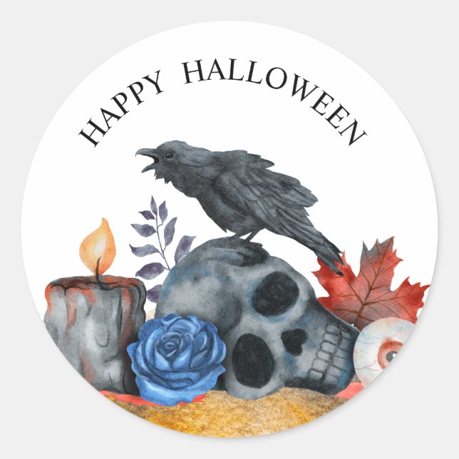 Halloween raven skull eyeball watercolour  classic round sticker (Front)