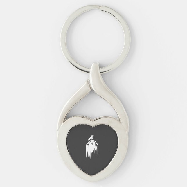 Halloween Raven Tombstone Silhouette Design Key Ring (Front)