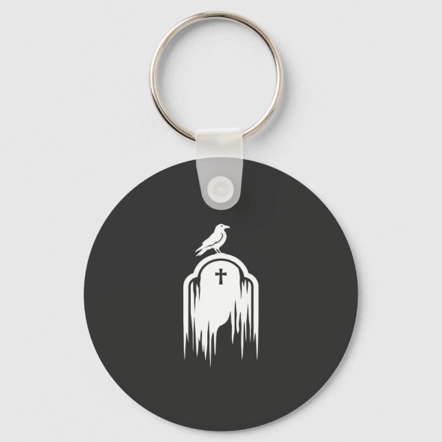 Halloween Raven Tombstone Silhouette Design Key Ring (Front)