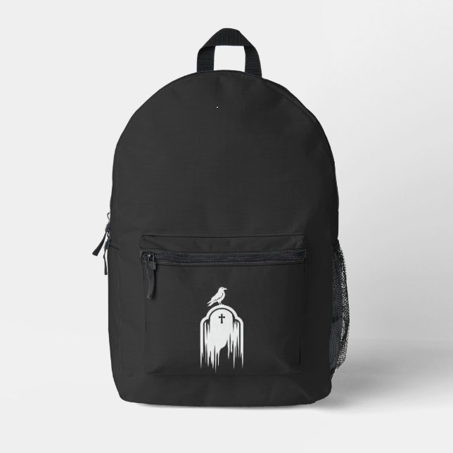 Halloween Raven Tombstone Silhouette Design Printed Backpack (Front)