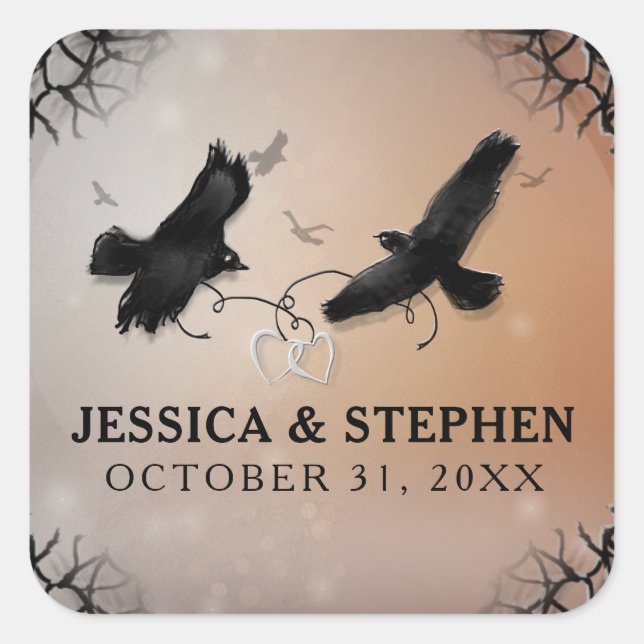 Halloween Ravens with Hearts Wedding Square Sticker (Front)