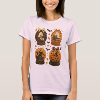 Halloween Reading Ghosts Black Cat Snow Globes T-Shirt