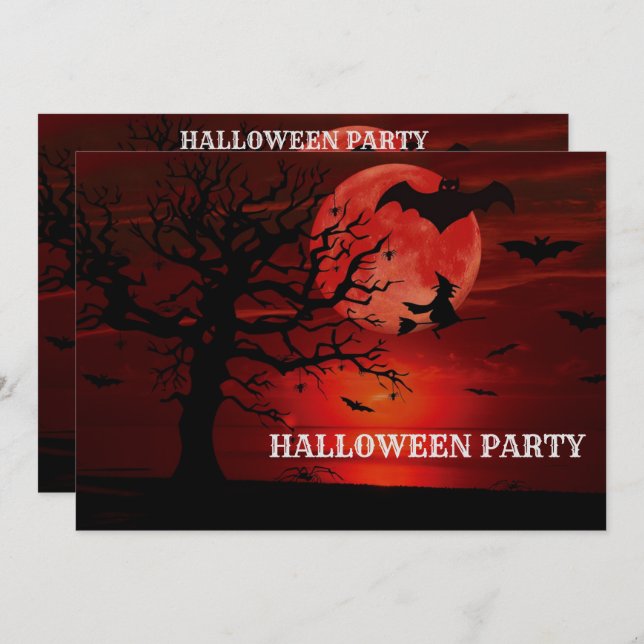 Halloween Red Full Moon Black Tree Witch Bat Scary Invitation (Front/Back)
