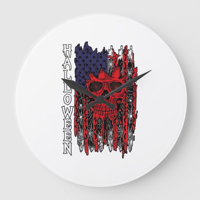 Halloween Red Skull American Flag Spider Webs Bats Large Clock (Front)