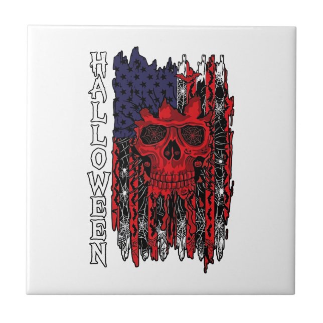 Halloween Red Skull American Flag Spider Webs Bats Tile (Front)