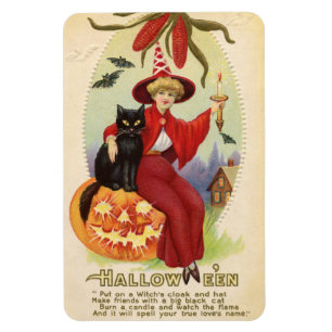 Hallowe'en Red Witch and Black Cat Vintage Magnet