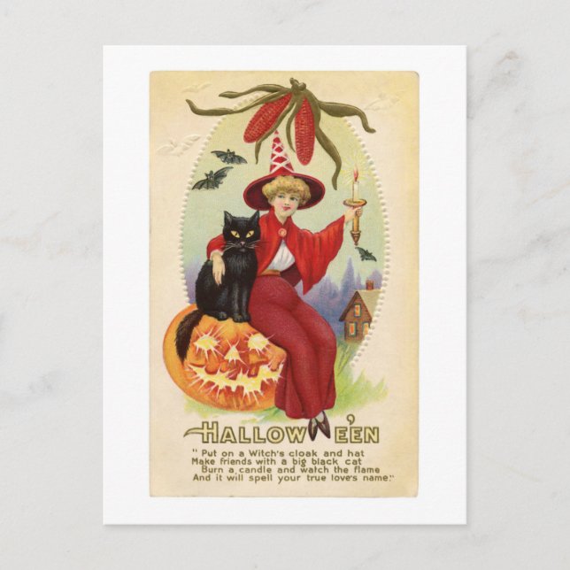 Hallowe'en Red Witch and Black Cat Vintage Postcard (Front)