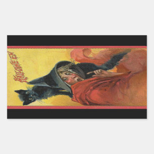 Halloween Red Witch & Black Cat Vintage Rectangular Sticker