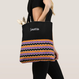 Halloween Retro 1950s Chevron Black Orange Name Tote Bag