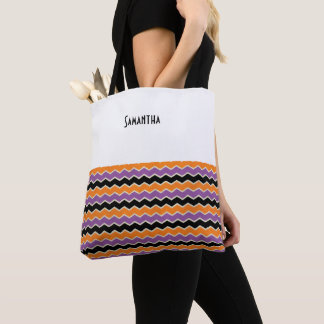 Halloween Retro 1950s Chevron White Orange Name Tote Bag