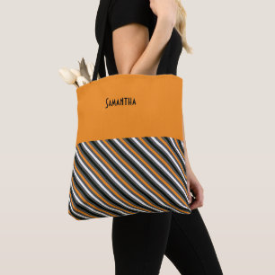 Halloween Retro 1960s Diagonal Stripe Orange Name Tote Bag