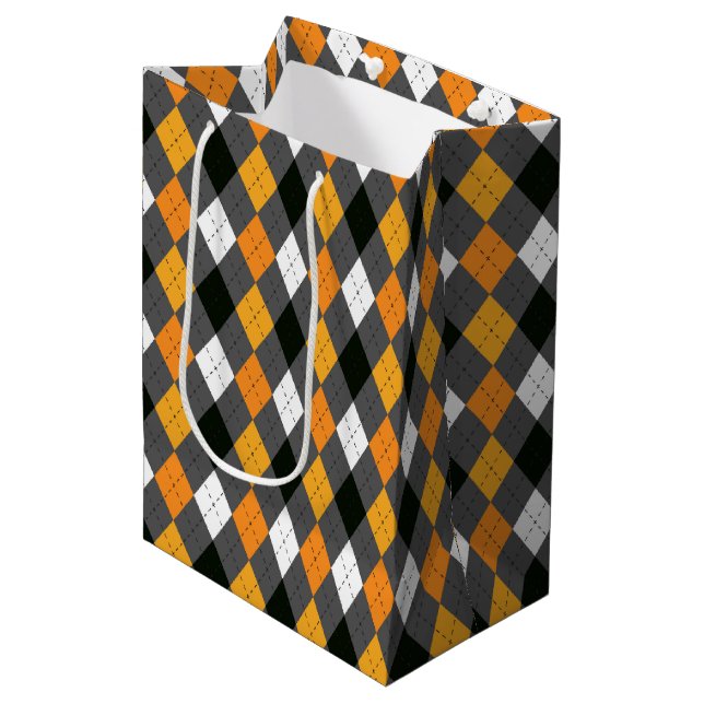 Halloween Retro Argyle Orange Black Grey White Medium Gift Bag (Front Angled)