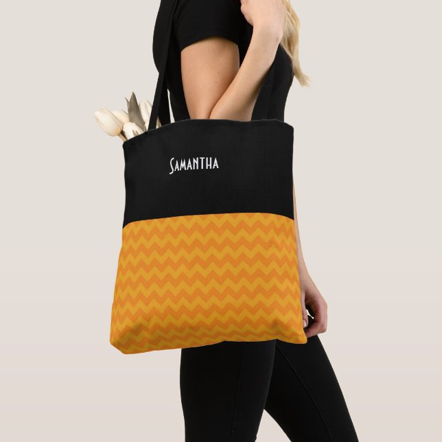 Halloween Retro Bright Orange Chevron Black Name Tote Bag (Close Up)