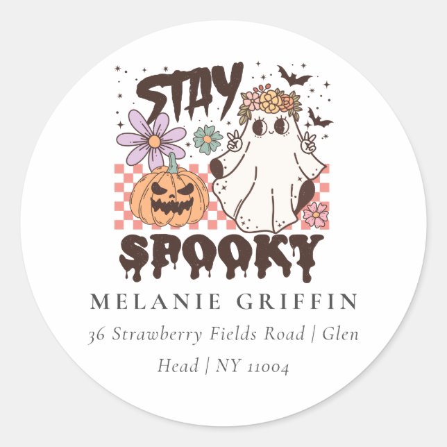 Halloween Retro Ghosts Stay Spooky Address  Classic Round Sticker (Front)